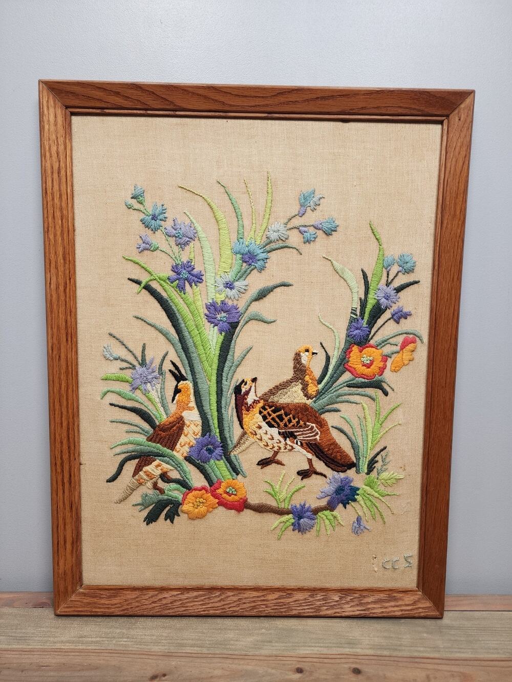 Vintage Framed Crewel Hand Embroidery With Bird and Floral Motif Design 26"x20"
